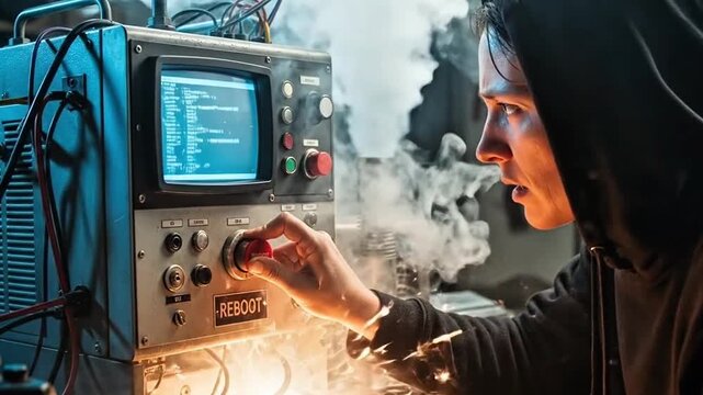 Technician restarting industrial control system with reboot button in technical facility