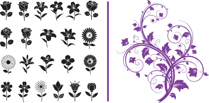 Elegant collection of black floral silhouettes and detailed rose icons paired with a large, sweeping purple vine flourish and decorative leaf scrolls in a clean vector format.