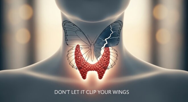 Thyroid disease's impact on human vitality, symbolized by a broken butterfly on the endocrine gland, highlighting medical awareness, early diagnosis, and journey to wellness