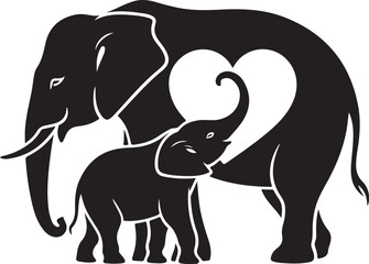 Fototapeta premium Mother and Baby Elephant Love Silhouette - Family Bond Heart Minimal Vector