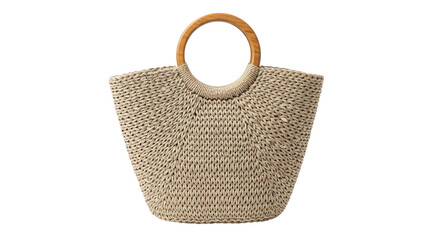 Woven Straw Tote Bag With Wooden Handle Isolated