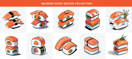 Salmon Sushi Illustration Set with Hand Drawn Cartoon Style © Momo studio