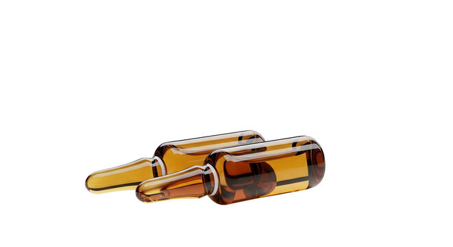Two Amber Glass Ampoules with Liquid on Black Background