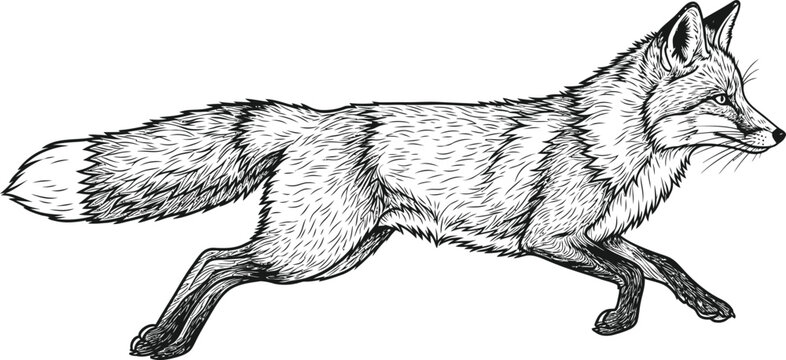 Detailed illustration of a fox running with textured fur in black and white