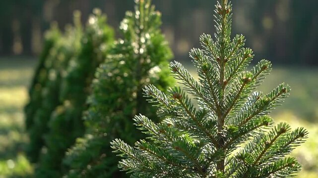 young fir trees in a row, sunlight, nature, forest, green, needles
