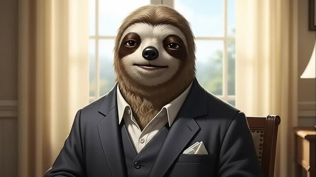 Sloth in Suit Sitting by Window.