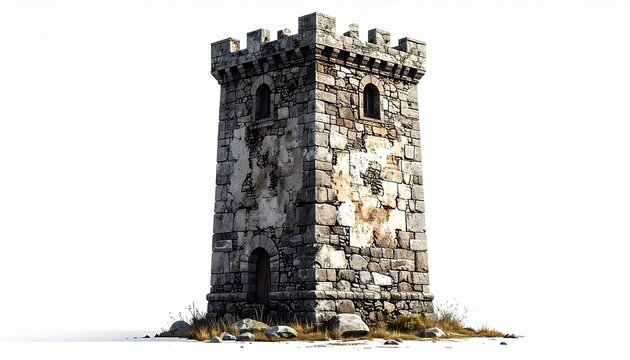 Weathered stone tower against white background, showcasing medieval architecture