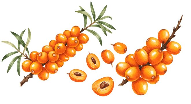 Watercolor illustration of seabuckthorn branches with orange berries, some cut open