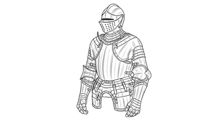Detailed line art drawing of a full medieval suit of armor, historical protective gear for a knight or warrior, vintage style illustration