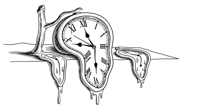Conceptual hand-drawn melting clock on a shelf, symbolizing the abstract nature and fluidity of time and surrealism