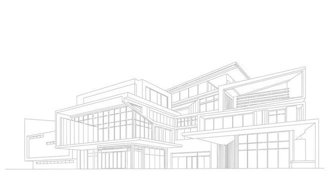 Modern architectural wireframe drawing of a contemporary building. Minimalist blueprint style line art for urban design and construction concepts.