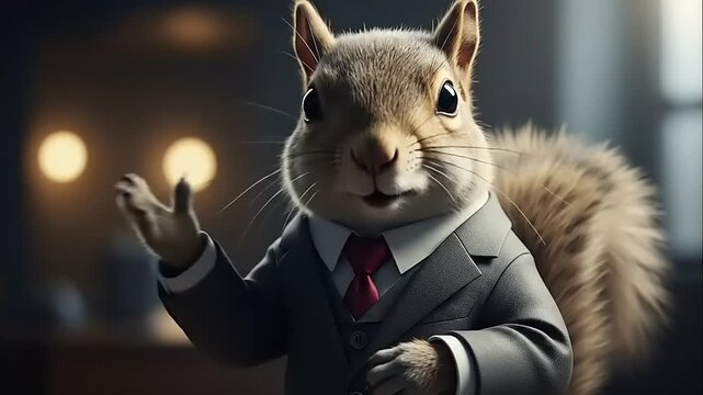 Squirrel in Suit Gesturing in Office.