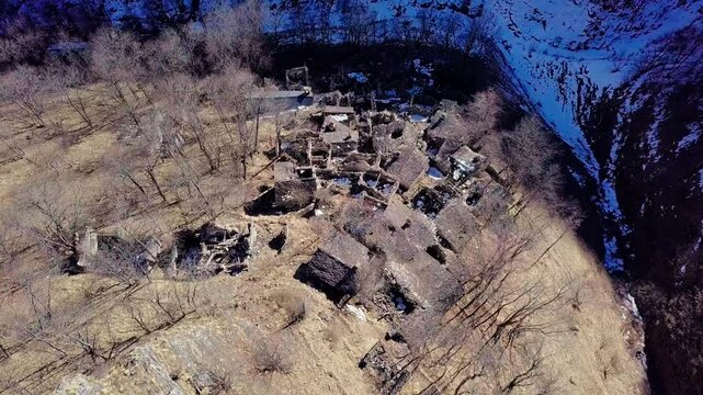 Narbona, Italy - Ruin of an old abandoned village in Piedmont, old town aerial panorama, travel, trekking, tourism, emotional, cinematic
