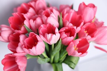 Obraz premium Bouquet of pink tulips on blurred grey background, closeup