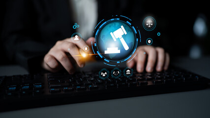 Obraz premium Global online legal services and cyber law solutions. Digital platform for legal consultation, justice, and regulatory compliance in the internet era. Motif