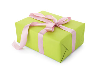 One beautiful gift box wrapped in bright paper isolated on white
