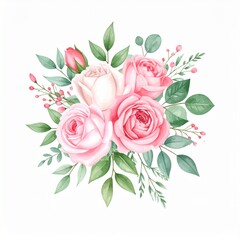 Fototapeta premium Watercolor illustration of a bouquet, featuring various rose colors and green foliage