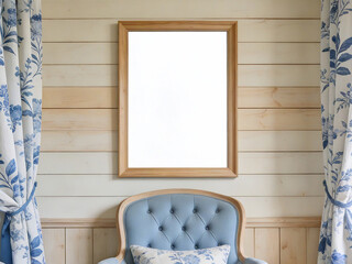 wood frame mockup and blue chaire