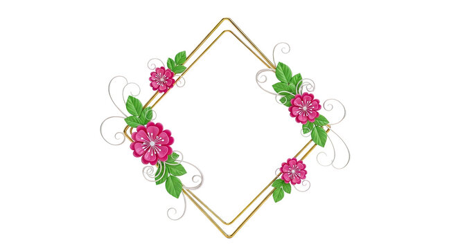 Gold Diamond Frame with Pink Flowers and Green Leaves
