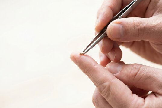 A person uses fine-tipped metal tweezers to carefully pull a tiny wooden splinter out of their finger.