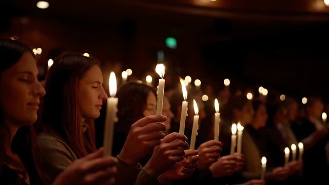 People holding lit candles in a dark hall, creating a warm glow during a peaceful religious ceremony, concert, or memorial vigil. Reflective audience with eyes closed,