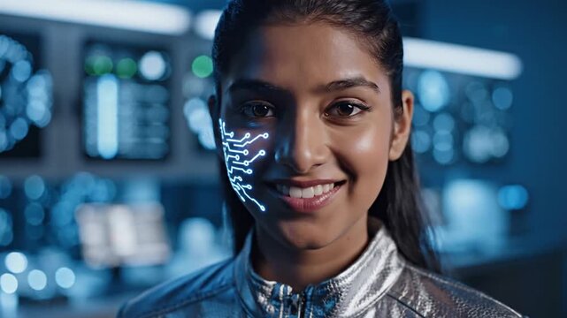 Young woman with circuit facial lines in futuristic control room