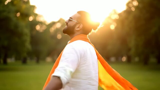 Joyful Indian man in traditional white kurta and orange scarf, smiling happily at golden sunset in a park, feeling freedom and peace. Perfect for spiritual, travel, wellness, and cultural videos.