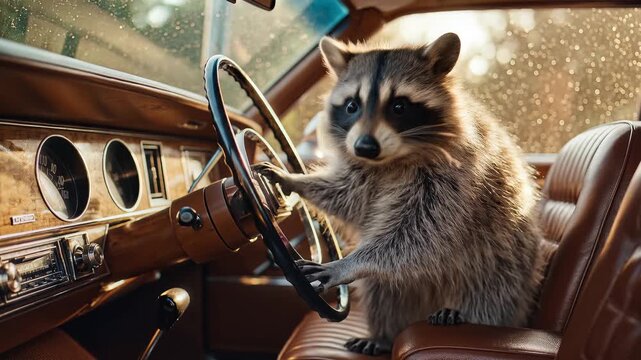 Raccoon sitting in a vintage car with hands on the steering wheel.