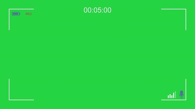 Camera recording interface overlay on green screen background with REC indicator, battery icon, timecode and warning symbol for video recorder digital display chroma key video editing