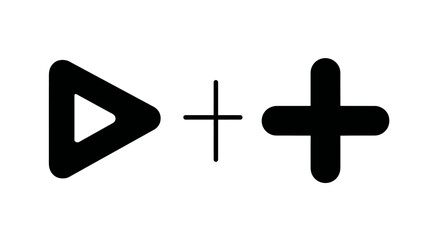 Obraz premium Black play and plus icon symbols for adding media or new content, isolated on white background for digital interfaces