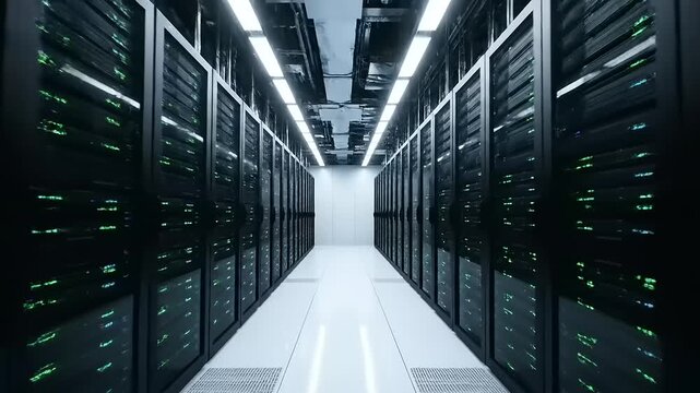 Data Center Server Room Interior with Rows of Servers.