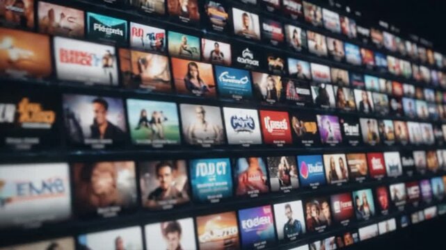 A vast digital wall displaying a multitude of movie and TV show covers, representing a diverse selection of streaming entertainment content.
