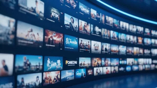 Curved wall of glowing screens displaying a vast array of movies, TV shows, and digital content in a futuristic media library.