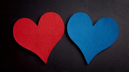 Paper-cut red and blue hearts on dark background for Valentine's Day