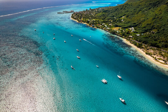 Aerial view of turquoise waters and islands in French Polynesia
