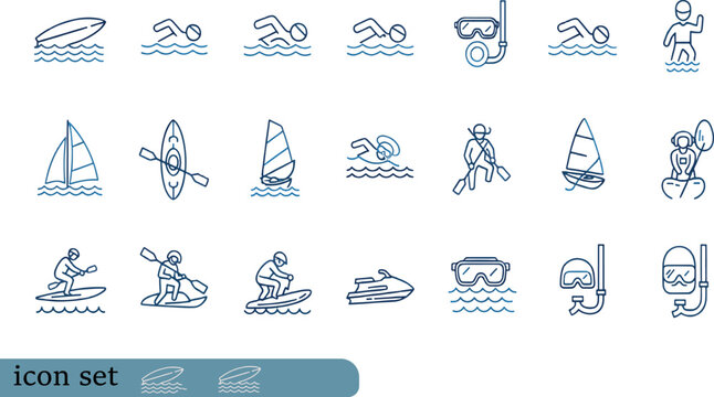 Print Blue Line Water Sports Icon Set Featuring Surfing Swimming Scuba Diving Kayaking Sailing and Aquatic Adventure Symbols