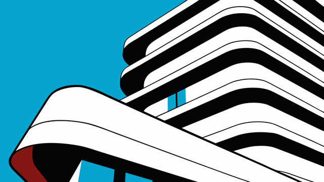 A modern building stands out for its curved lines and layered design.