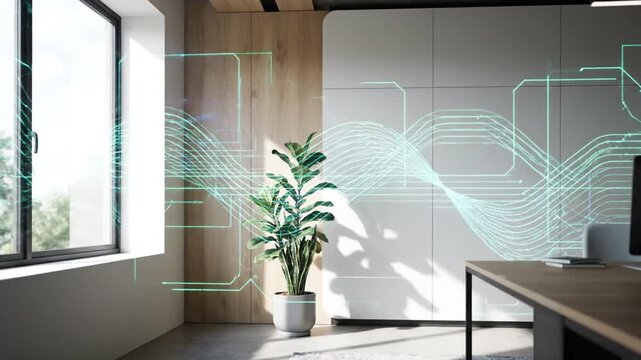 Modern Office Space with Potted Plant and Digital Graphics.