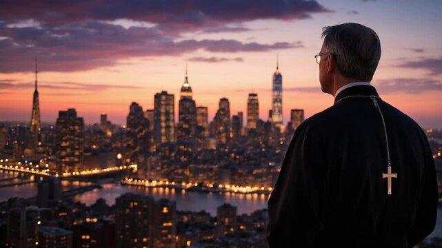 Male priest in black robe with cross stands overlooking New York City skyline at dusk, illuminated buildings reflecting on the water below, creating a serene atmosphere