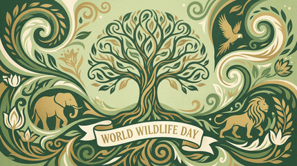 World Wildlife Day Illustration with Animal Silhouettes and Tree