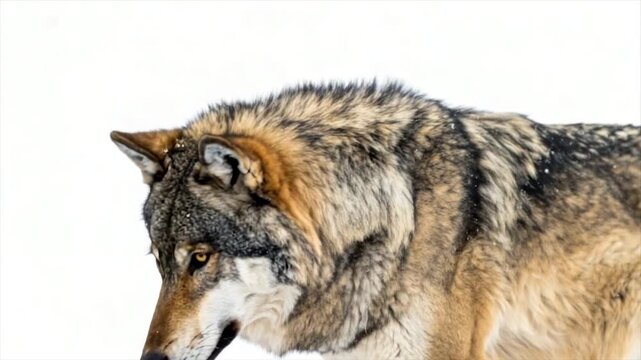 Close-up of a majestic wolf against a bright white background, snowy setting