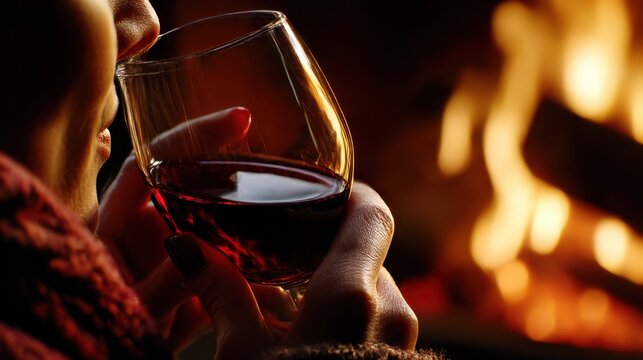 Close view of a woman holding a glass of red wine by a glowing fire, enjoying a warm cozy evening at home. Soft light and rich tones create a romantic winter mood of comfort and relaxation.