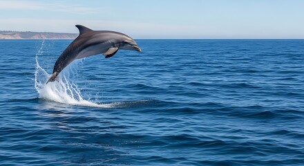 Fototapeta premium Dolphin leaping out of the ocean water in a beautiful marine environment