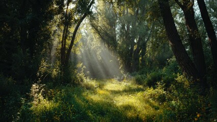 Fototapeta premium Sunlit Path through Lush Green Forest