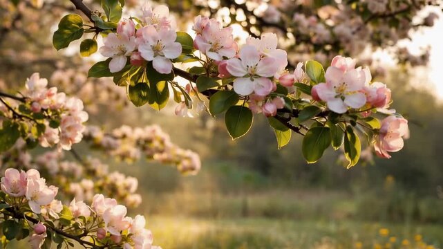 Blossoming apple tree branches with delicate pink flowers illuminated by sunlight in a serene outdoor setting, showcasing nature's beauty during springtime