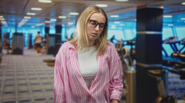 Woman with glasses pouting with hand on hip near treadmills in a building gym, wearing pink striped shirt and white top; boredom travel.