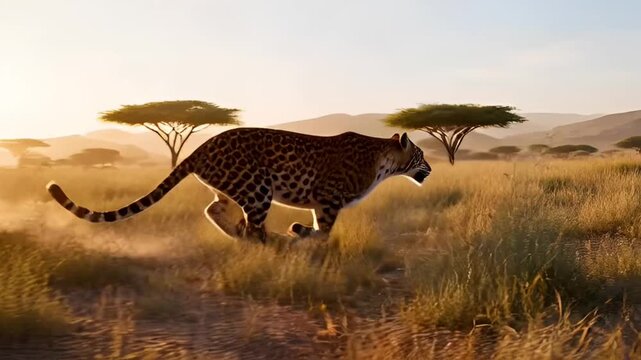 Leopard stealthily runs across savanna in slow motion, showcasing dynamic movement and powerful stride at sunset