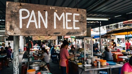 Fototapeta premium Rustic wooden Pan Mee sign at a busy street food stall