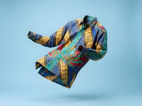 Bright Batik Shirt Floating on Bright Flat Color Background