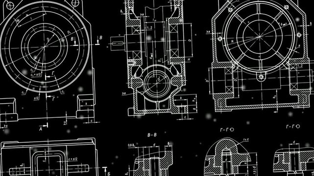 Video animation with assembly drawing of reducer, motor, gearbox, engine, worm gear. Animated motion effect. Engineering technical design of mechanical part of construction machine. 